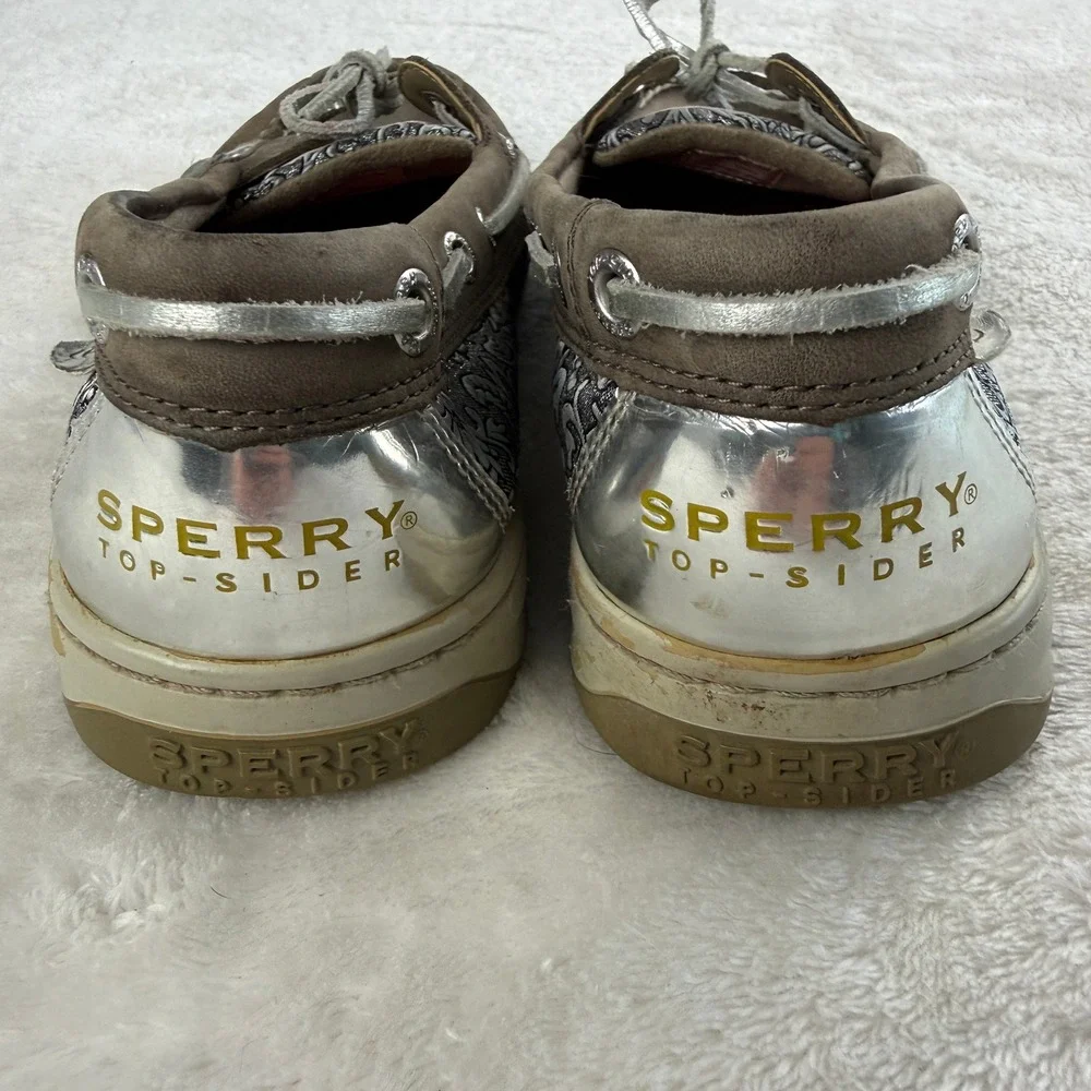 Sperry Top Sider Angelfish Boat Shoe Women 8 Brown Leather Metallic Panel Preppy